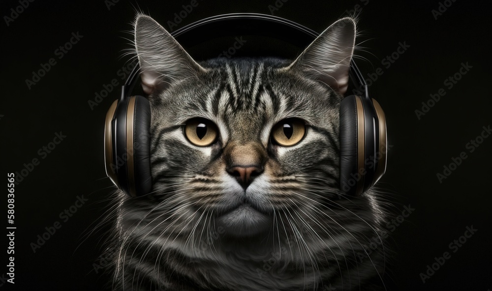  a cat with headphones on its ears is looking at the camera with a sad look on its face and eyes, wi