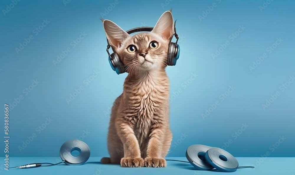  a cat wearing headphones sitting on top of a blue surface with headphones around its neck and earp