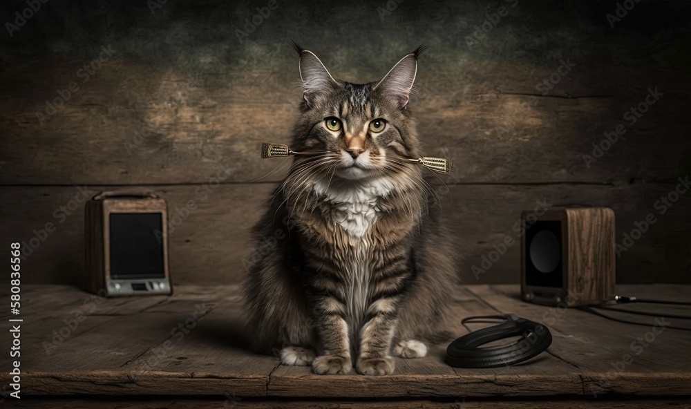  a cat sitting on a table next to a pair of headphones and a speaker on a wooden table with a black 