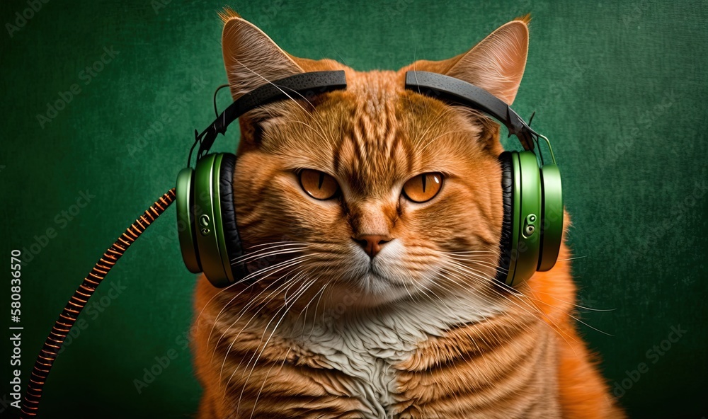  a cat with headphones on its ears looking at the camera with a serious look on its face, against a 