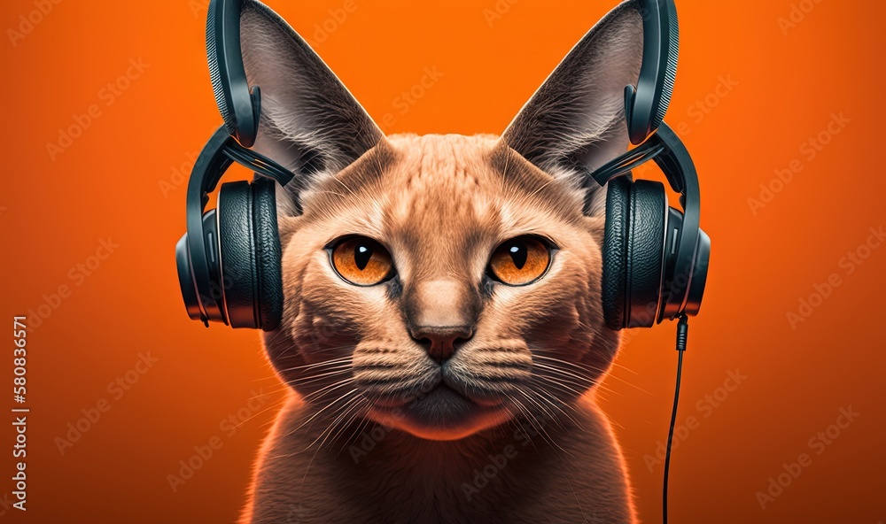  a cat with headphones on its ears and a cats face with orange eyes and a cats head in the backgro