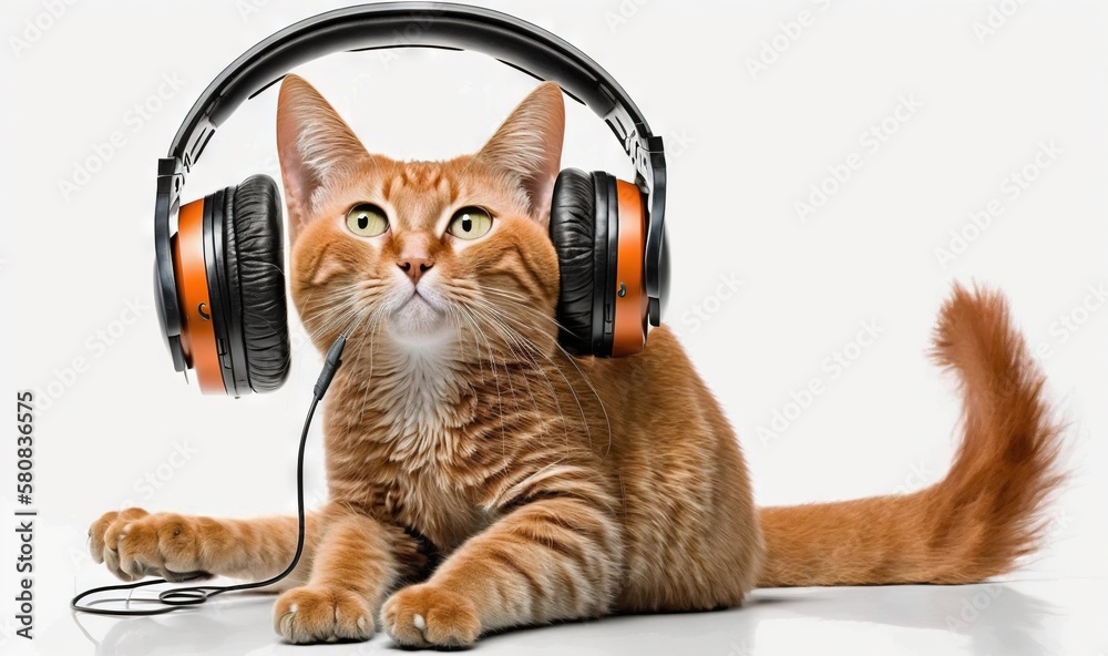  a cat with headphones on sitting on the floor with its paws on the ground and looking up at the cam