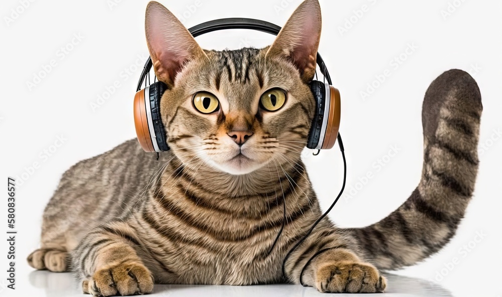  a cat with headphones on its ears is laying on the floor and looking at the camera with a curious l