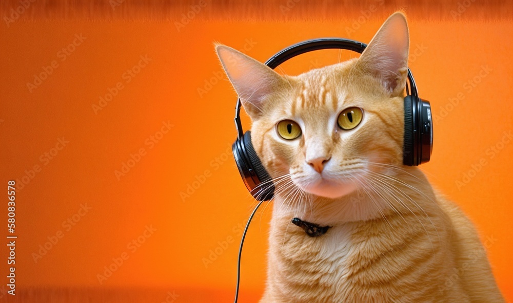  a cat with headphones on sitting on a table with an orange wall in the background and an orange wal