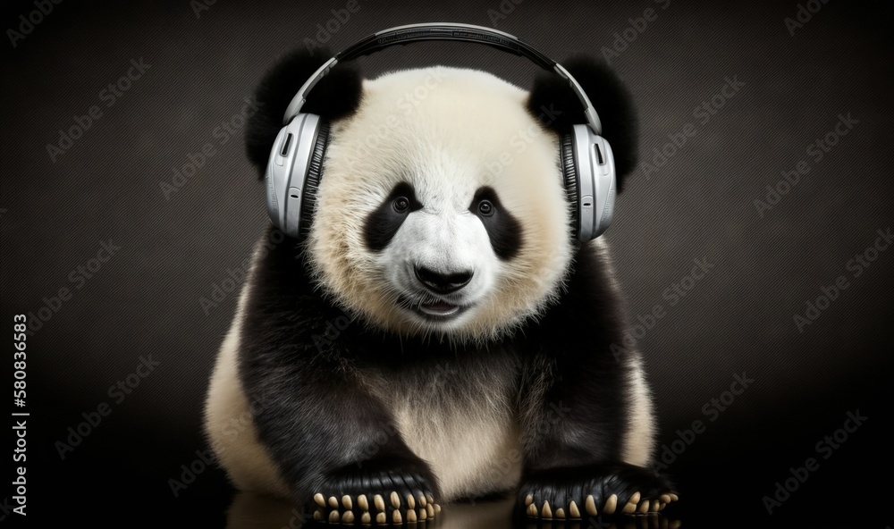  a panda bear with headphones on its ears is sitting on a table with its paws on the ground and look