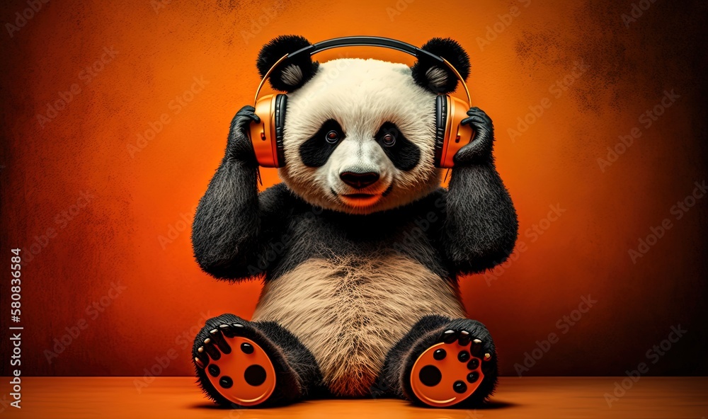  a panda bear wearing headphones and sitting on a table with its hands on his ears and headphones up