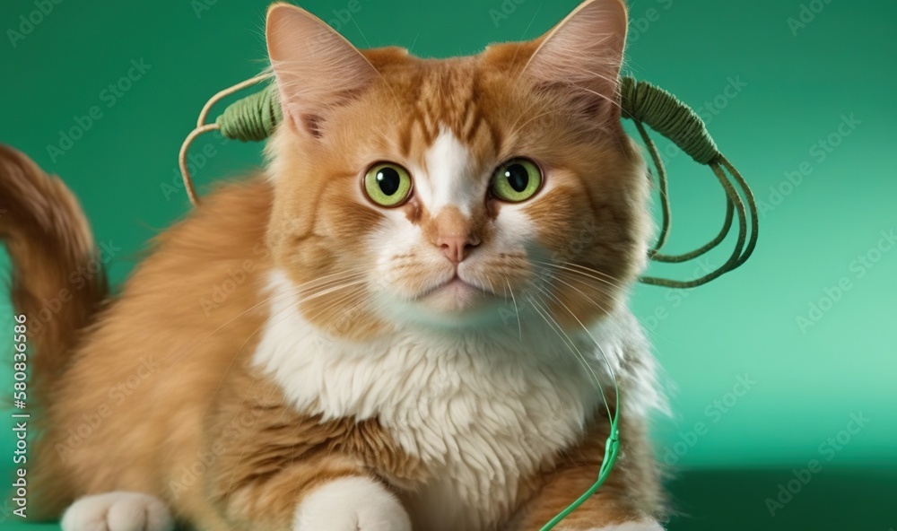  an orange and white cat with a green headband and a green background with a green background and a 