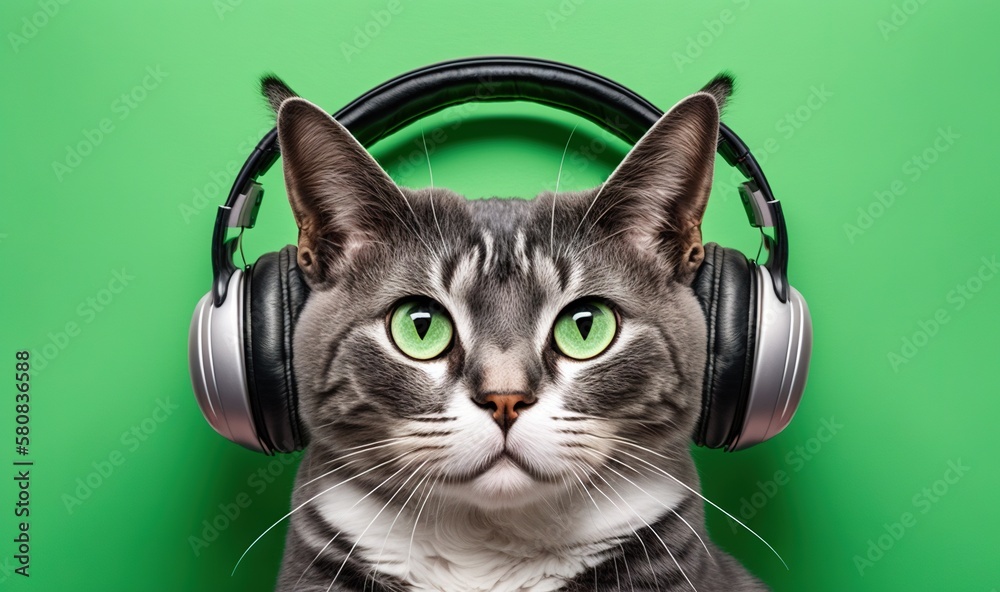  a cat wearing headphones and looking up at the camera with a surprised look on its face, against a 