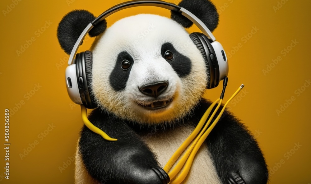  a panda bear wearing headphones and holding a yellow cord to its ear and looking at the camera with