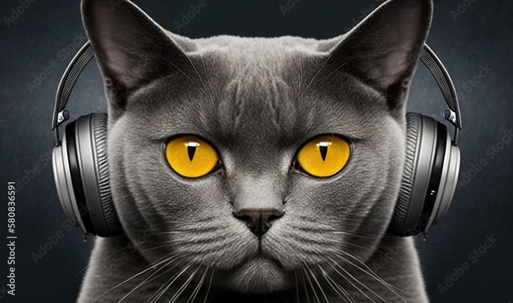  a gray cat with yellow eyes wearing headphones and looking at the camera with a serious look on its