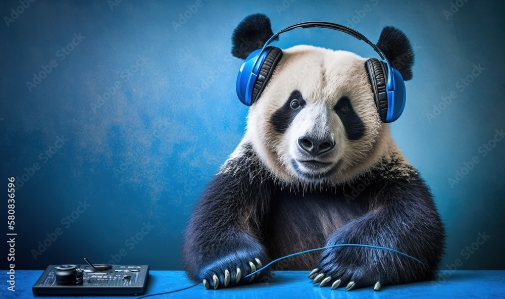  a panda bear with headphones on sitting next to a keyboard and a remote control on a blue surface w