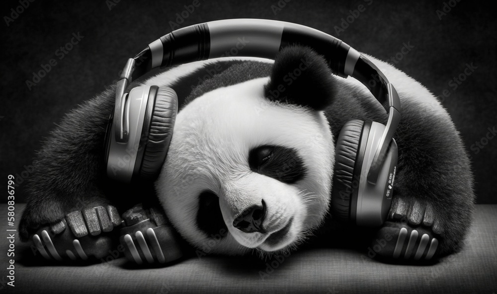  a panda bear wearing headphones and laying on the ground with its head resting on a pair of headpho