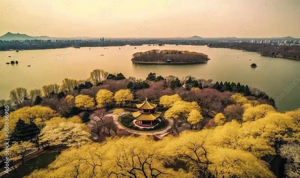  an aerial view of a park with a lake in the middle of it and a pagoda in the middle of the park sur