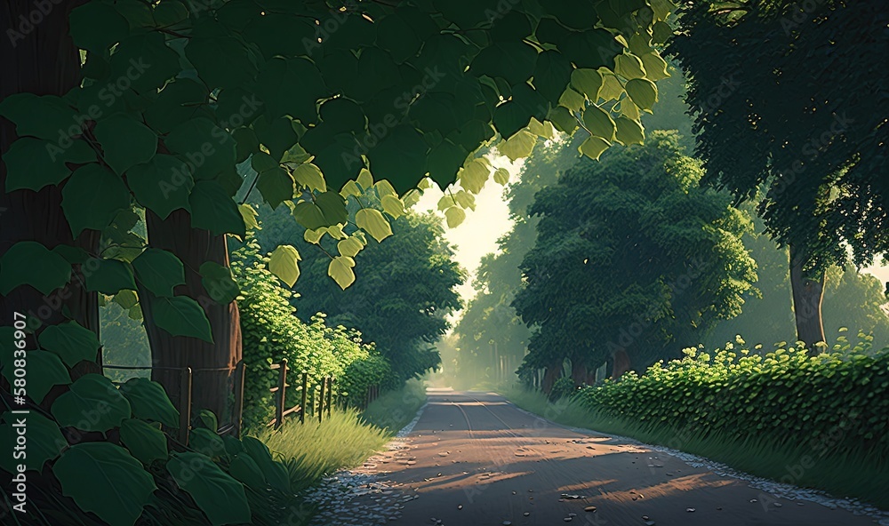  a painting of a road with trees and bushes on either side of it and a fence on the other side of th