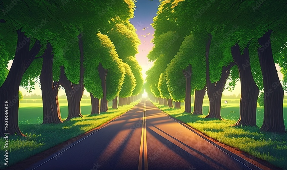  a painting of a tree lined road with the sun shining through the trees on either side of the road, 