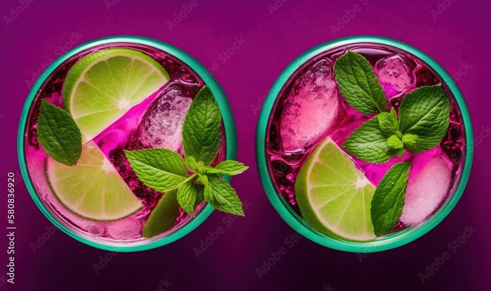  two glasses of mojito with limes and mints on a purple and purple background with a green leaf on t