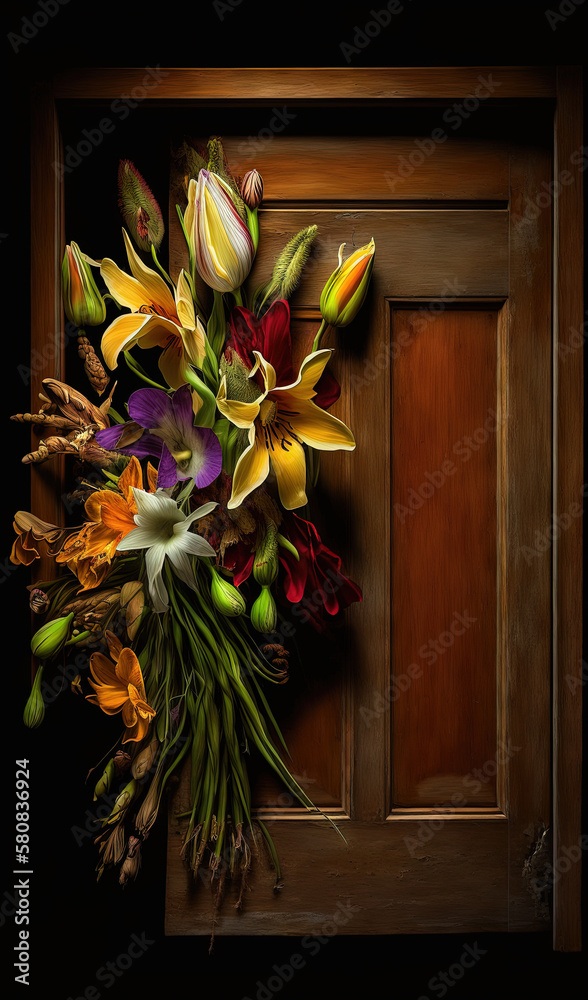  a painting of a bouquet of flowers in front of a wooden door with a brown frame on the door and a b