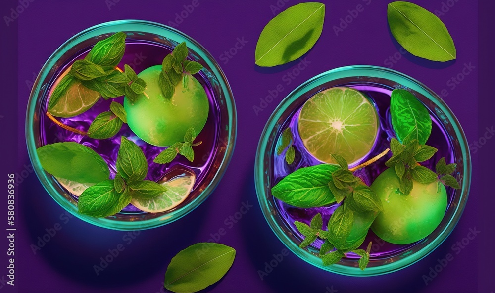  two glasses filled with lemons, limes, and mints on a purple surface with leaves and leaves around 