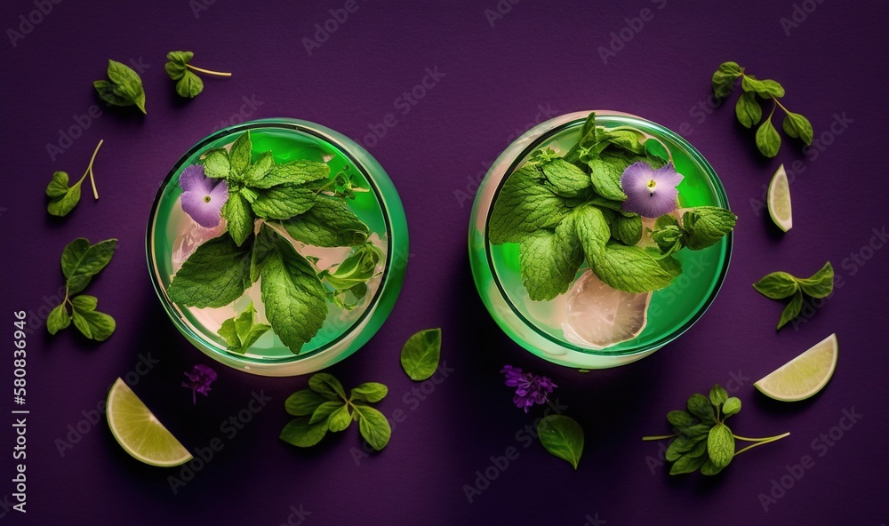  a couple of glasses filled with green leaves and flowers on top of a purple surface next to lime sl