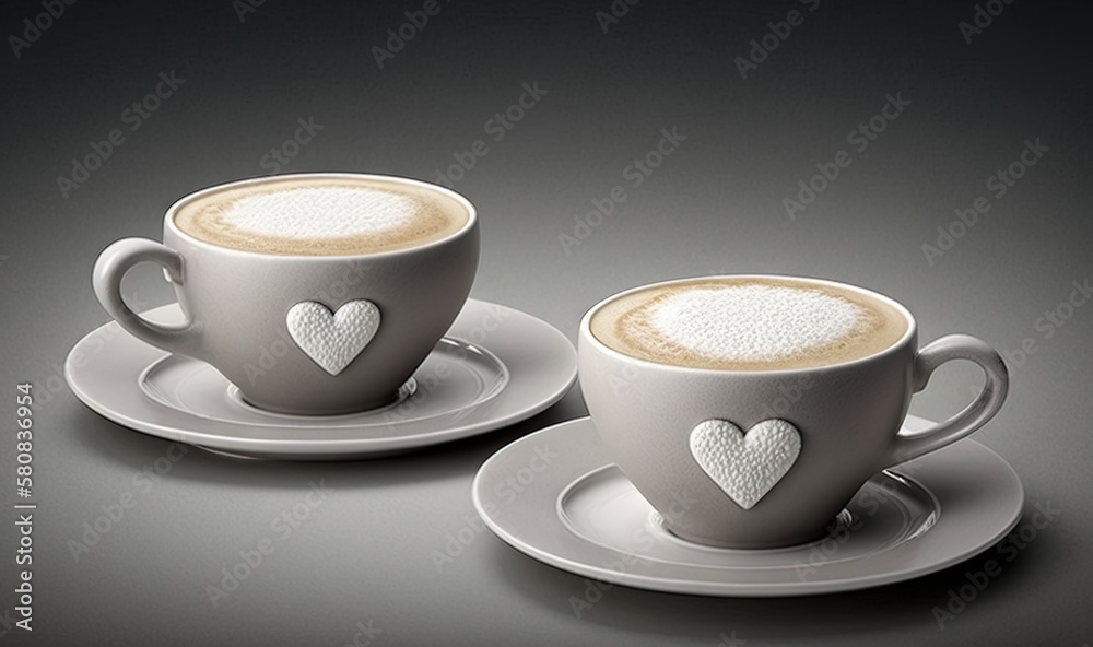  two cups of coffee with hearts on them on a saucer and saucer on a black tablecloth with a black ba