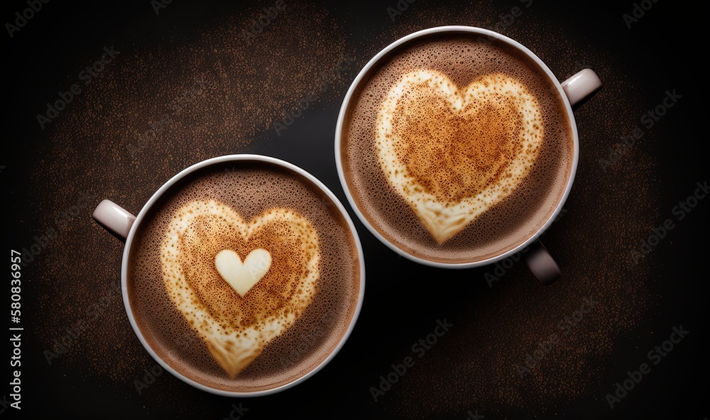  two cups of hot chocolate with a heart drawn on the top of the cups, on a dark background, with a s