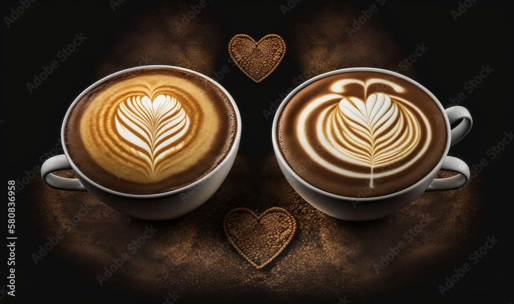  two cups of cappuccino with a heart on the top of it and two hearts on the bottom of the cups with 