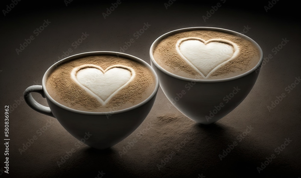  two cups of coffee with a heart on top of them, on a dark background, with a shadow of the cup in t