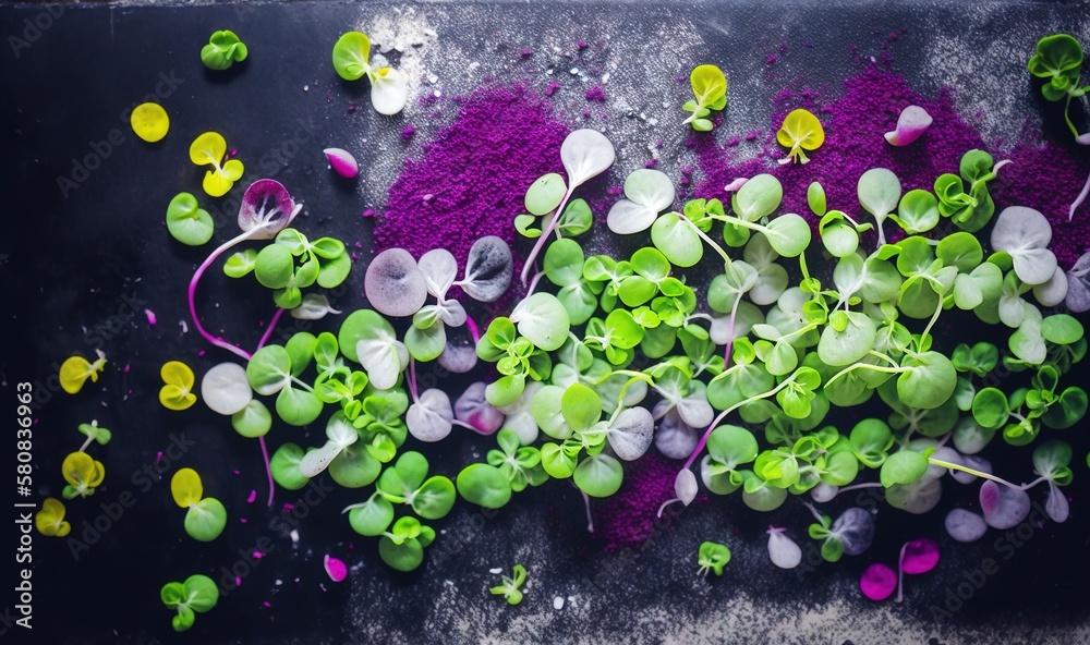  a table topped with lots of green plants and purple sand next to each other on top of a black table