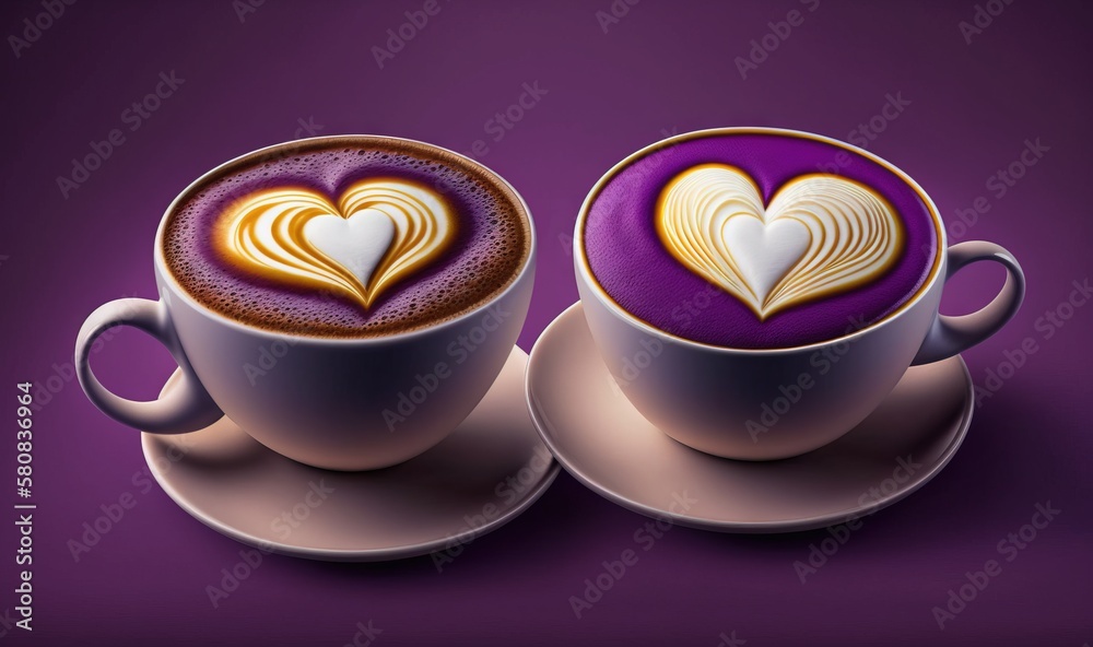  a couple of cups of coffee with hearts on top of them on a saucer on a purple background with a pur