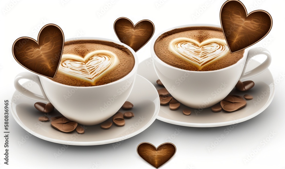  two cups of hot chocolate with hearts on top of them on a saucer surrounded by coffee beans and cof