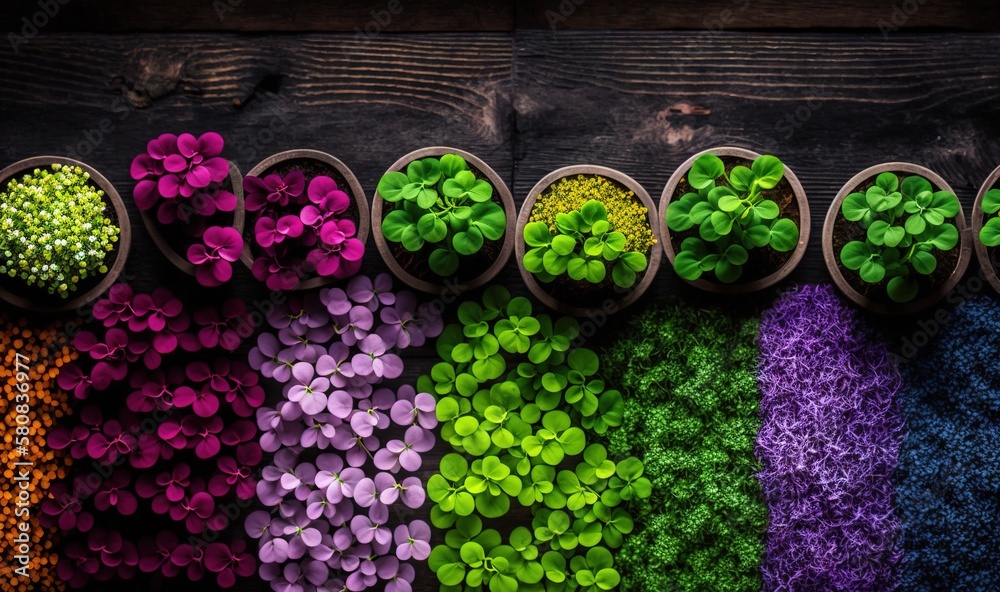  a row of flower pots filled with different colored flowers next to each other on a wooden table wit