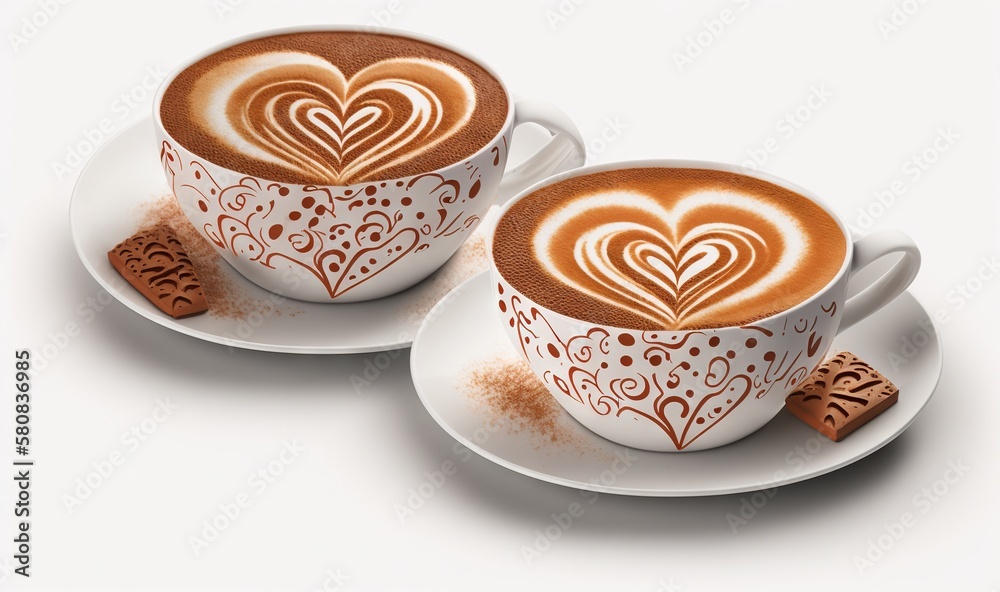  two cups of hot chocolate with hearts on them and cinnamon sticks in the middle of the cups, on a s