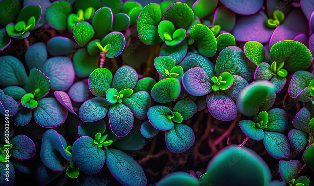  a group of green and purple flowers with leaves on them and a green stem in the center of the pictu