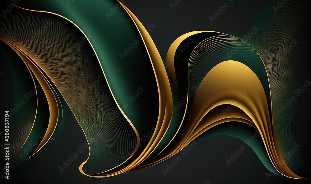  a green and gold abstract background with wavy lines on a black background, with a gold stripe in t