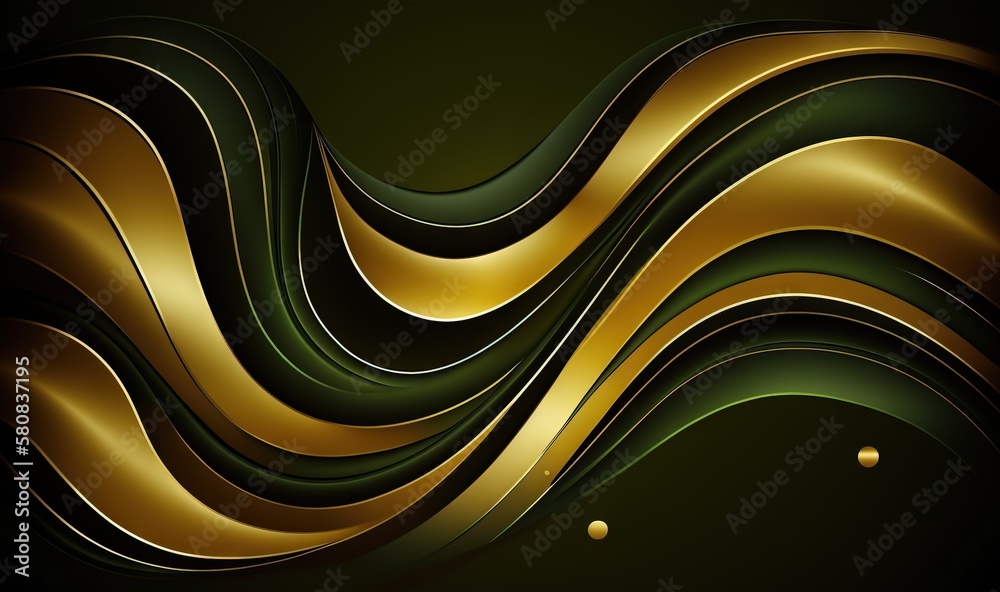  an abstract gold and green background with a wavy pattern on its side and a drop of gold on the bo