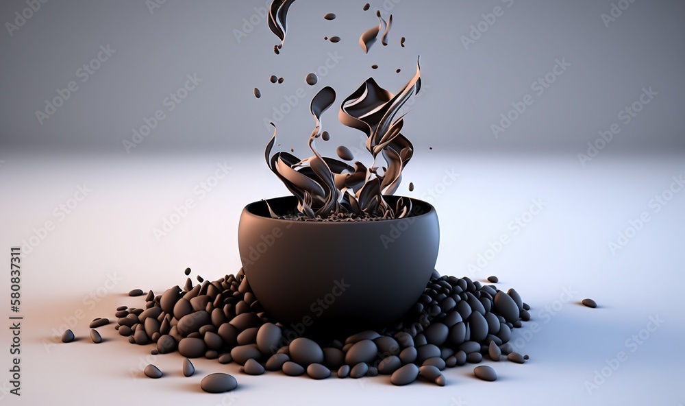  a black bowl filled with lots of rocks and a pile of rocks next to it on a white surface with a gra