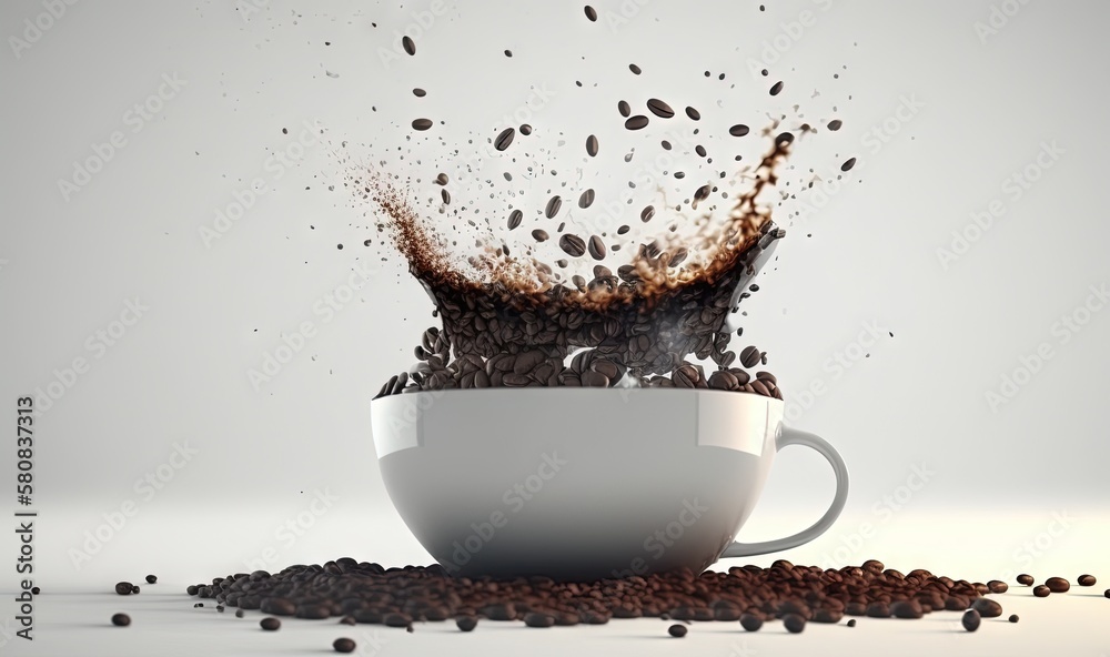  a cup of coffee with a lot of coffee beans coming out of it on a white table with a gray background