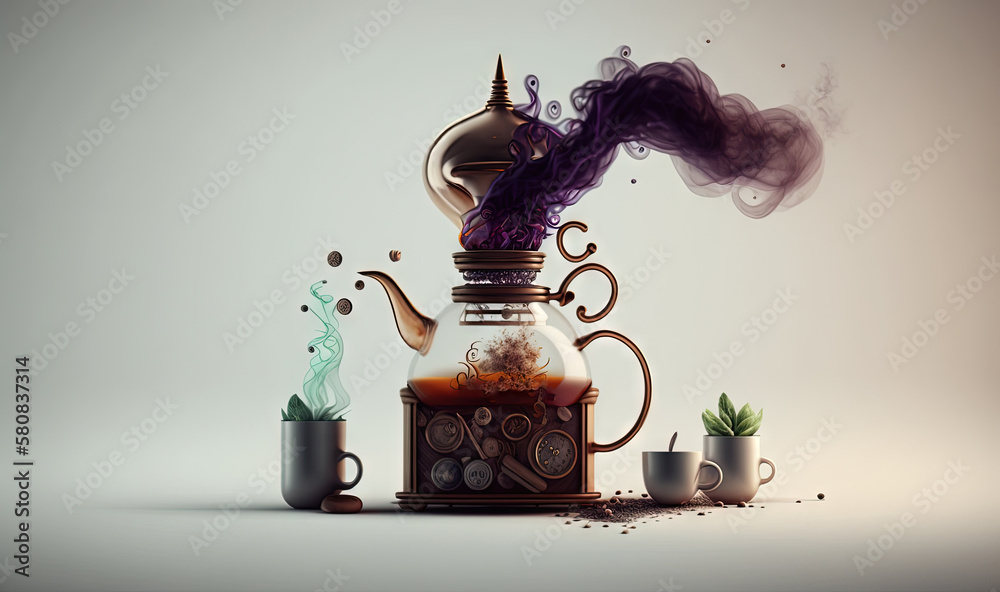  a tea pot with steam coming out of it and a cup of tea next to it with a pipe on top of it and a cl