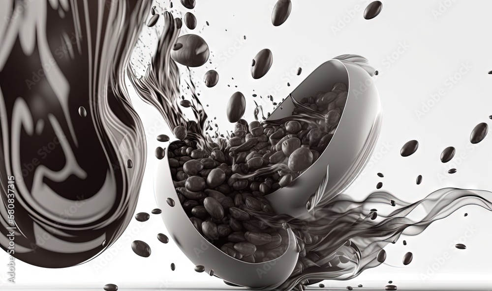  a picture of coffee beans falling into a bowl of coffee beans with a splash of coffee on top of it 