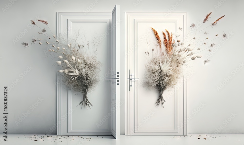  two doors with dried flowers on them in a room with a door open to the other side of the room and a