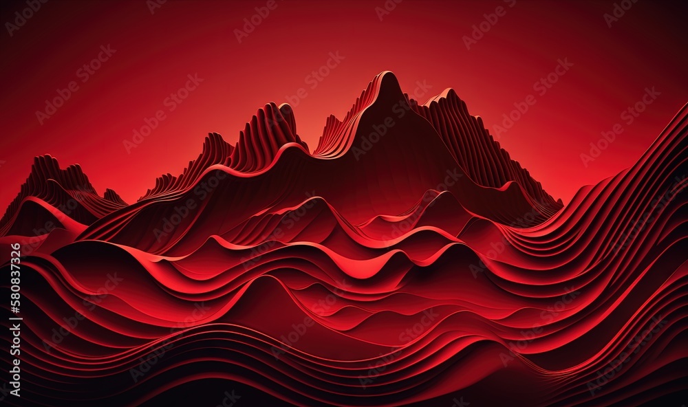  a red background with a mountain and waves in the foreground and a red sky in the back ground with 