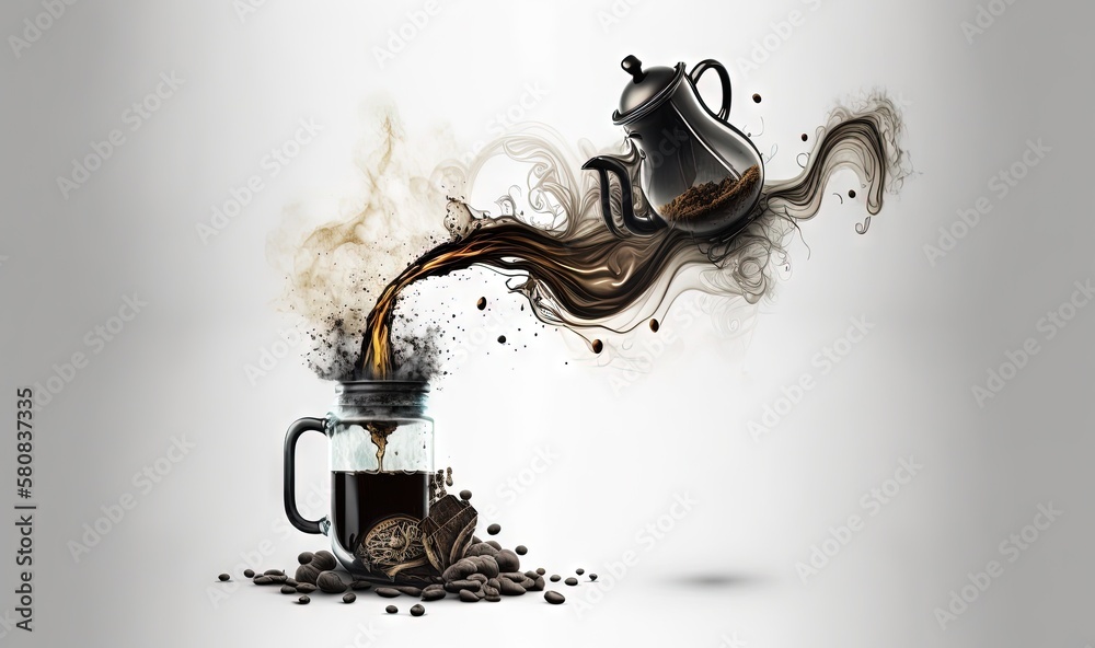  a cup of coffee is pouring out of a teapot into a pile of coffee beans and steam coming out of the 