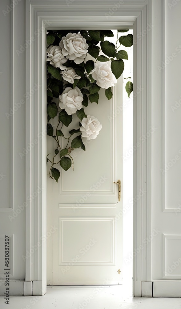  a white door with a bunch of flowers on the side of it and a green plant growing out of the front d