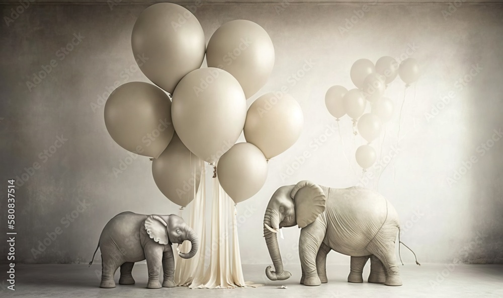  a group of elephants standing next to each other with balloons in the air above them and a backdrop