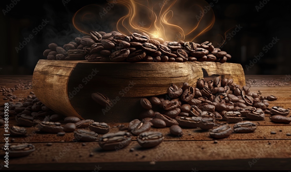  a wooden bowl filled with coffee beans on top of a wooden table next to a pile of coffee beans on t