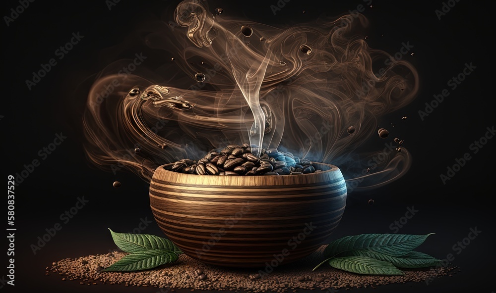  a steaming cup of coffee with steam coming out of it and leaves around the cup on a black backgroun