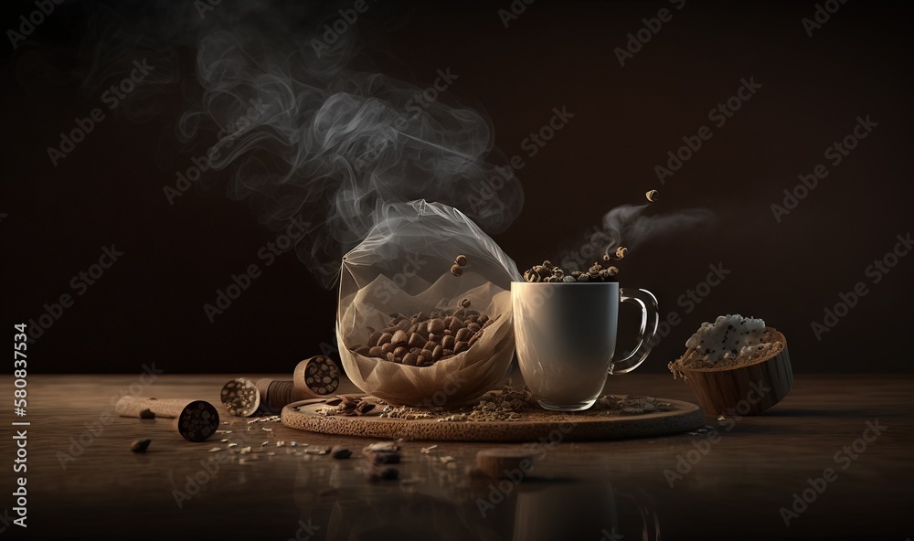  a cup of coffee with steam coming out of it and a bag of coffee beans in front of it on a wooden bo