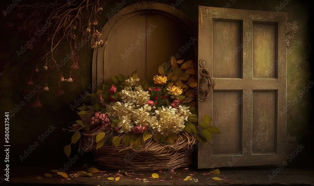  a basket of flowers sitting in front of a door with a wooden frame on the side of the door and a tr