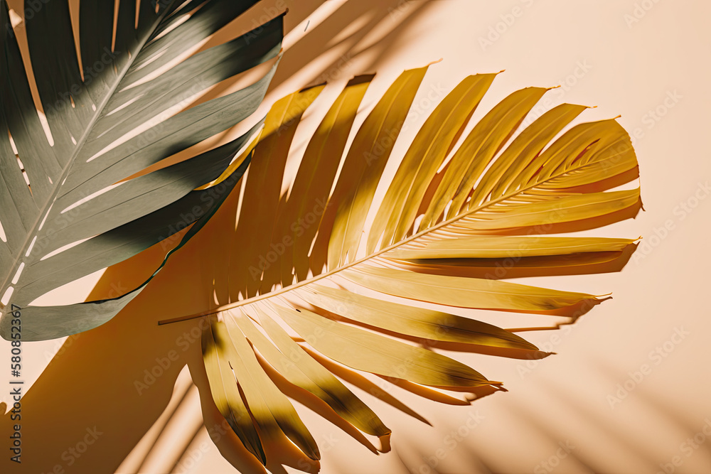 Summer minimal background with shadow from natural palm. Illustration AI Generative