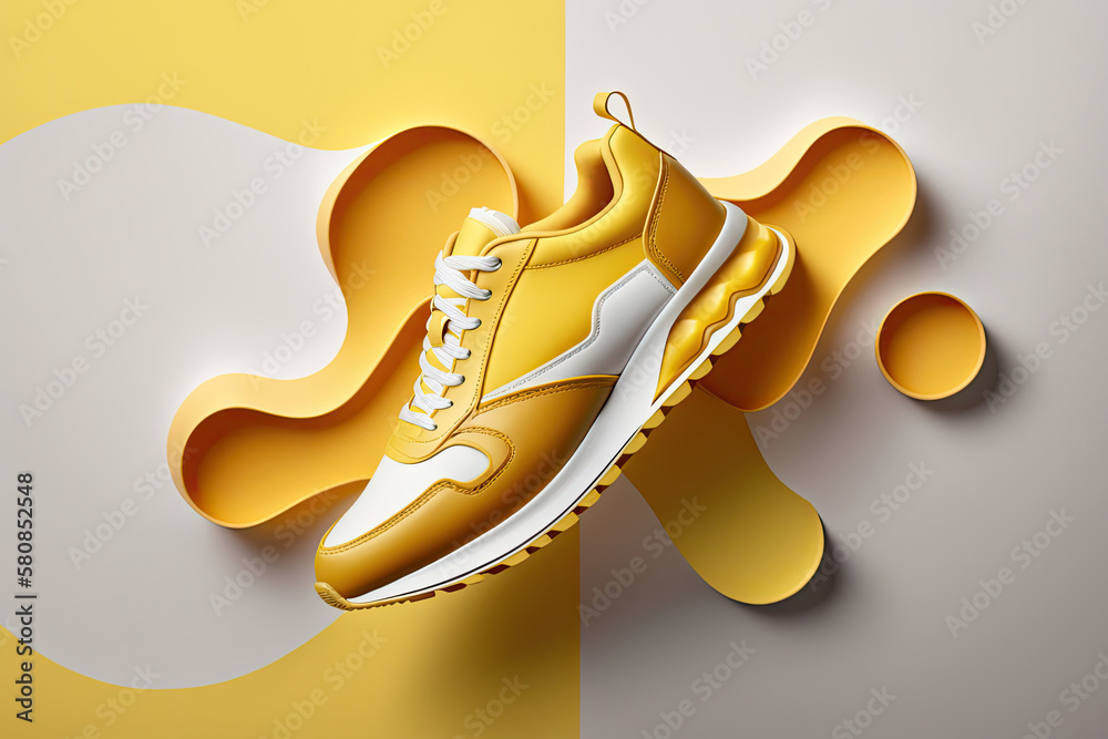 Flying yellow leather womens sneaker isolated on white background. Illustration AI Generative